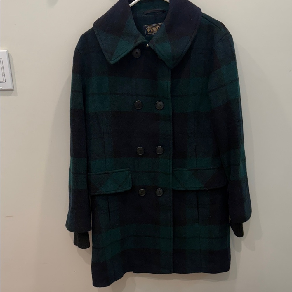 Pendleton Navy and Green Plaid Pea Coat